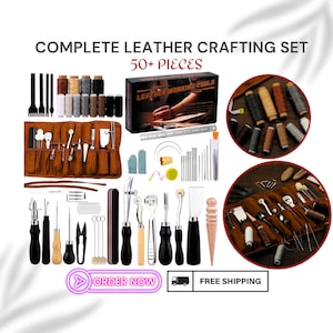 Complete Leather Crafting Set - Hand Sewing, Stitching, Carving Tools, Wax Threads, Needles, DIY Repair Kit for Artisans - 50+ Pieces