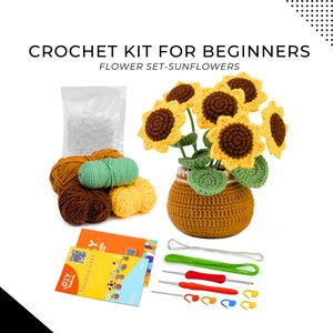 Beginner-Friendly Crochet Flower Sunflower Kit: Complete Set with Yarn, Needles, Hooks, Instructions - Perfect DIY Craft & Decor