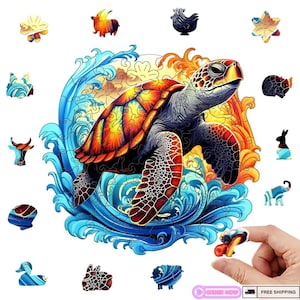 Wooden Sea Turtle Puzzle for Adults & Kids – Unique Animal Shaped Jigsaw | Gift for Puzzle Lovers | Colourful Ocean Wall Art Decor
