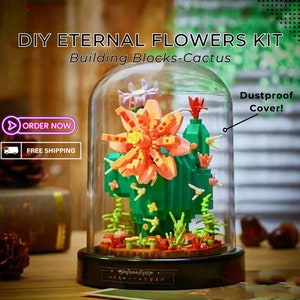 May include: A DIY eternal flowers kit featuring a cactus with a pink flower, built with colorful building blocks. The cactus is displayed in a glass dome with a black base and the text "Dustproof Cover!" is written on the image.