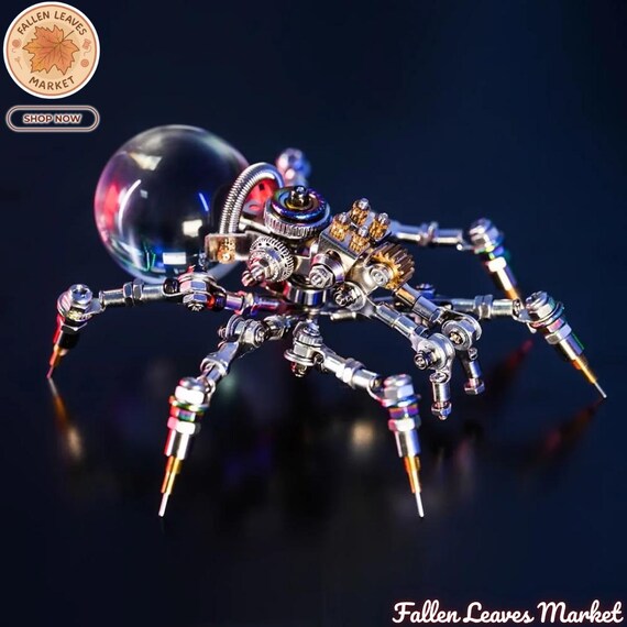 Jumping Spider 3D Metal Puzzle Kit | Steampunk Cyberpunk Desk Decor with Crystal Lamp
