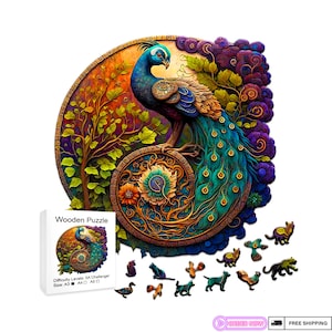 May include: A circular wooden jigsaw puzzle depicting a colourful peacock with an intricate design. The puzzle features a variety of smaller pieces that fit together to create the image. The puzzle is labelled as a "SA Challenger" difficulty level.