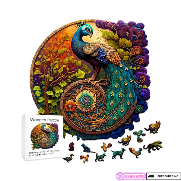 Peacock Bird Wooden Puzzle for All Ages - Unique Eco-Friendly Round Jigsaw - Ideal Gift & Family Game - Enhances Coordination and Focus