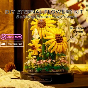 May include: DIY Eternal Flowers Kit building blocks sunflower set. The kit includes a glass dome with a dustproof cover, and a base with the text "BEST WISH FOR YOU".