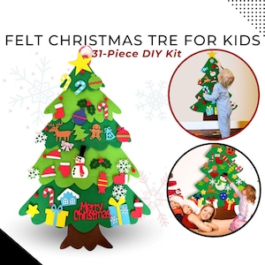 May include: A felt Christmas tree with a green background and various felt decorations, including a snowman, candy canes, a house, and a star. The tree is decorated with the words "Merry Christmas". The image includes the text "Felt Christmas Tree for Kids 31-Piece DIY Kit".