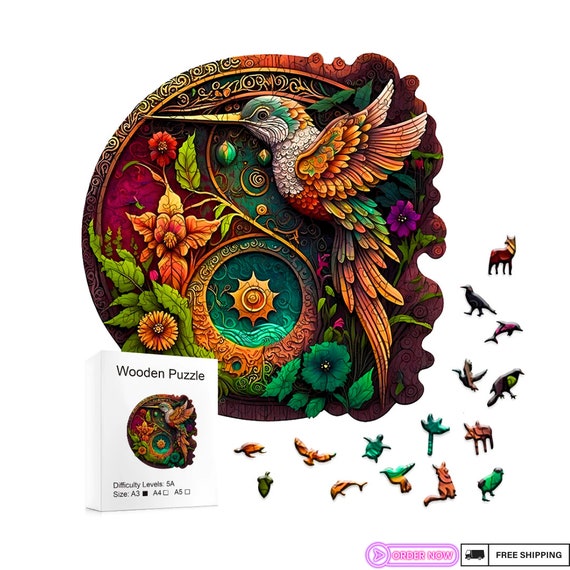 Hummingbird Wooden Jigsaw Puzzle – Floral Mandala Design