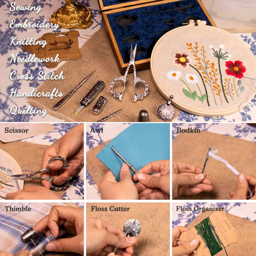 4 Piece Portable Sewing Kit - Brass Thimbles, Thread Cutter & Scissors In Wood Box