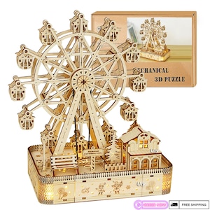 3D Wooden Ferris Wheel Puzzle Music Box: LED Light-Up Craft Kit