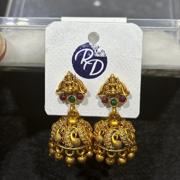 temple jewellery laxmi ji  jhumka earrings traditional earrings Indian jewellery wedding jewellery designer temple  golden earrings USA Uk