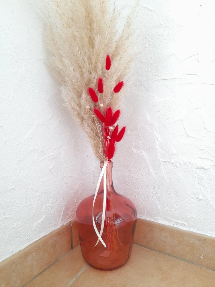 Dame Jeanne Rouge avec Bouquet Fleurs Séchées Ton Rouge