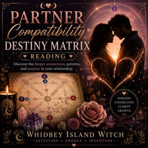 Könnte beinhalten: Eine digitale Grafik für eine Partner-Kompatibilitäts-Schicksalsmatrix-Lesung mit Text, einer kreisförmigen astrologischen Karte, einer Kerze, Kristallen und Rosen. Das Bild zeigt ein Paar in Silhouette vor einem Sonnenuntergang mit dem Text Whidbey Island Witch.