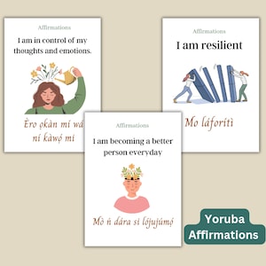 Cartes éclair des affirmations yorubas | Affirmations quotidiennes positives en yoruba avec phonétique, traduction et éléments visuels | Outil d'apprentissage des langues