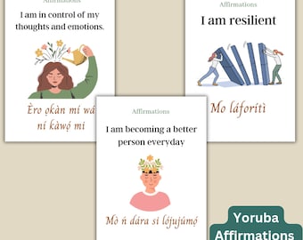 Cartes éclair des affirmations yorubas | Affirmations quotidiennes positives en yoruba avec phonétique, traduction et éléments visuels | Outil d'apprentissage des langues