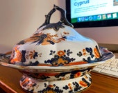 late 19th century ironstone imari pattern in cobalt blue orange on white ground
