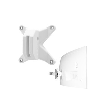 May include: White wall mount for a TV or monitor. The mount has a rectangular shape with two arms extending out to the sides. The mount is designed to be attached to a wall and then the TV or monitor is attached to the mount.