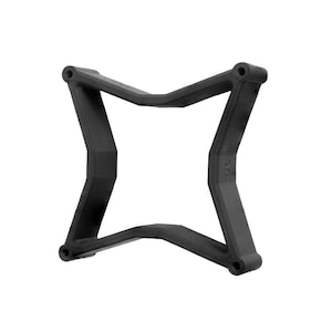 Puede incluir: Soporte de plástico negro con forma cuadrada y cuatro brazos. El soporte está diseñado para sostener un objeto pequeño, como un teléfono o un altavoz.