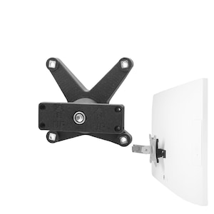 Pode incluir: Um suporte de monitor preto com um braço giratório e uma base em forma de V. A base tem duas setas apontando para cima que dizem "UP".