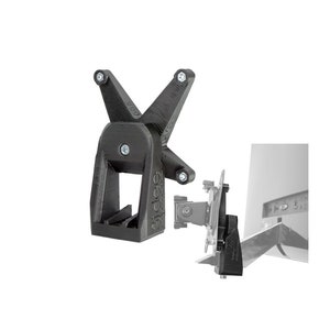 Pode incluir: Um suporte de monitor preto, impresso em 3D, com um design exclusivo em forma de X. O suporte possui vários pontos de fixação e a marca "3idee" é visível. A imagem também mostra uma vista secundária do suporte fixado a um monitor.