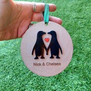 Personalised Wooden Christmas decoration, Penguin Ornament, xmas decor.