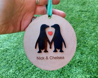 Personalised Wooden Christmas decoration, Penguin Ornament, xmas decor.