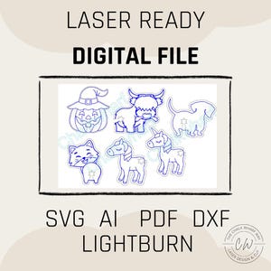 May include: A digital file for laser cutting featuring blue line art designs of a pumpkin wearing a witch hat, a highland cow, a dog, a cat, and two unicorns. The text reads LASER READY DIGITAL FILE SVG AI PDF DXF LIGHTBURN.