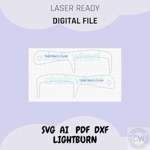 以下が含まれることがあります： レーザーカットデザインの櫛のデジタルファイル。デザインは「Bald Man's Comb」とラベル付けされています。ファイルはSVG、AI、PDF、DXF形式で入手できます。Lightburnソフトウェアと互換性があります。