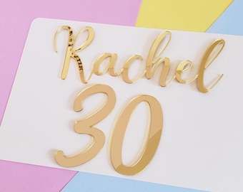 Personalized Name with Age Mirror Acrylic Cake Charm | Custom Birthday Cake Decoration | Various Colours