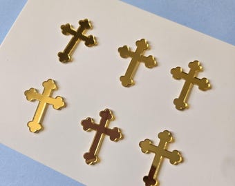6 Set of Cross Acrylic Cake Cupcake Topper Charm decision Gold Mirror Acrylic