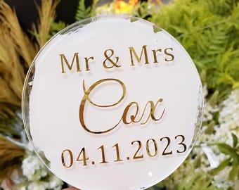 Personalised Wedding Round Acrylic cake topper painted paddle