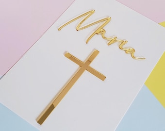 Personalized Acrylic Christening Cake Topper: Name and Cross Charm