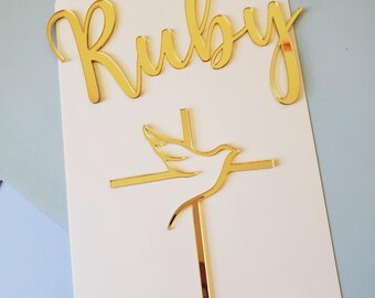 Personalized Mirror Acrylic Christening Cake Topper: Name & Cross