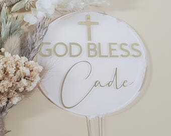 Personalised Name God Bless Round Acrylic cake topper painted paddle for First Holy Communion