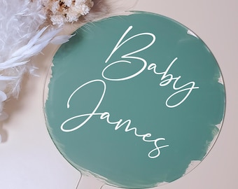 Personalised Baby Name Circle Acrylic cake topper painted paddle for new baby Birthday
