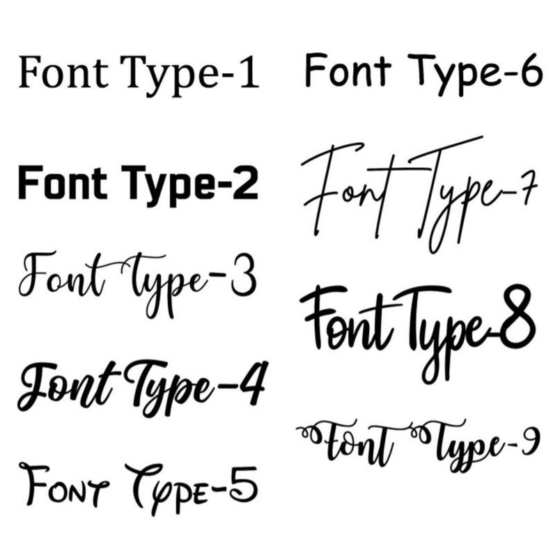 May include: Nine font styles are displayed, each labelled "Font Type-1" to "Font Type-9". The fonts are in black and range from serif to script, set against a white backdrop, offering a variety of typographic options.