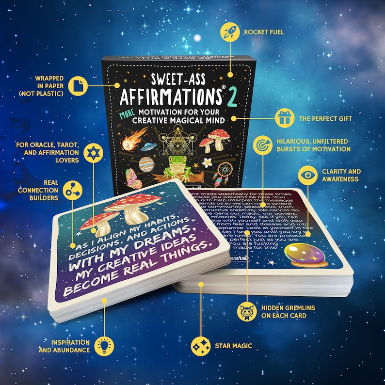 Może przedstawiać: Talie kart afirmacji z czarnym tłem i kolorowymi ilustracjami. Karty zawierają tekst "Sweet-Ass Affirmations 2" i "More Motivation for Your Creative Magical Mind". Karty są zapakowane w papier, a nie w plastik.