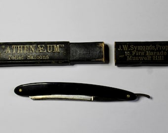 Navaja de afeitar recta Athenæum de los años 30-40 – J.W. Symonds Muswell Hill – Mango de baquelita – Acero Sheffield, acabado cóncavo alemán