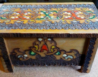 Retro wooden jewellery box 1970s eastern European pyrography