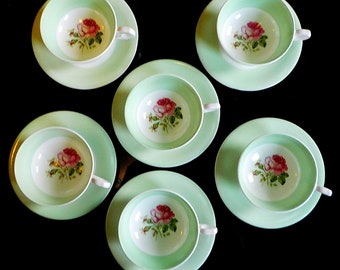 Set of 6 Vintage Windsor bone china cups and saucers, mint green and white with rose motif (1950s)