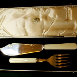 May include: A silver butter knife and fork set with ivory handles in a white velvet lined box.