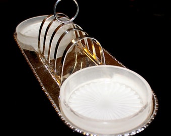 Art Deco silver plated toast rack with 2 glass preserve dishes