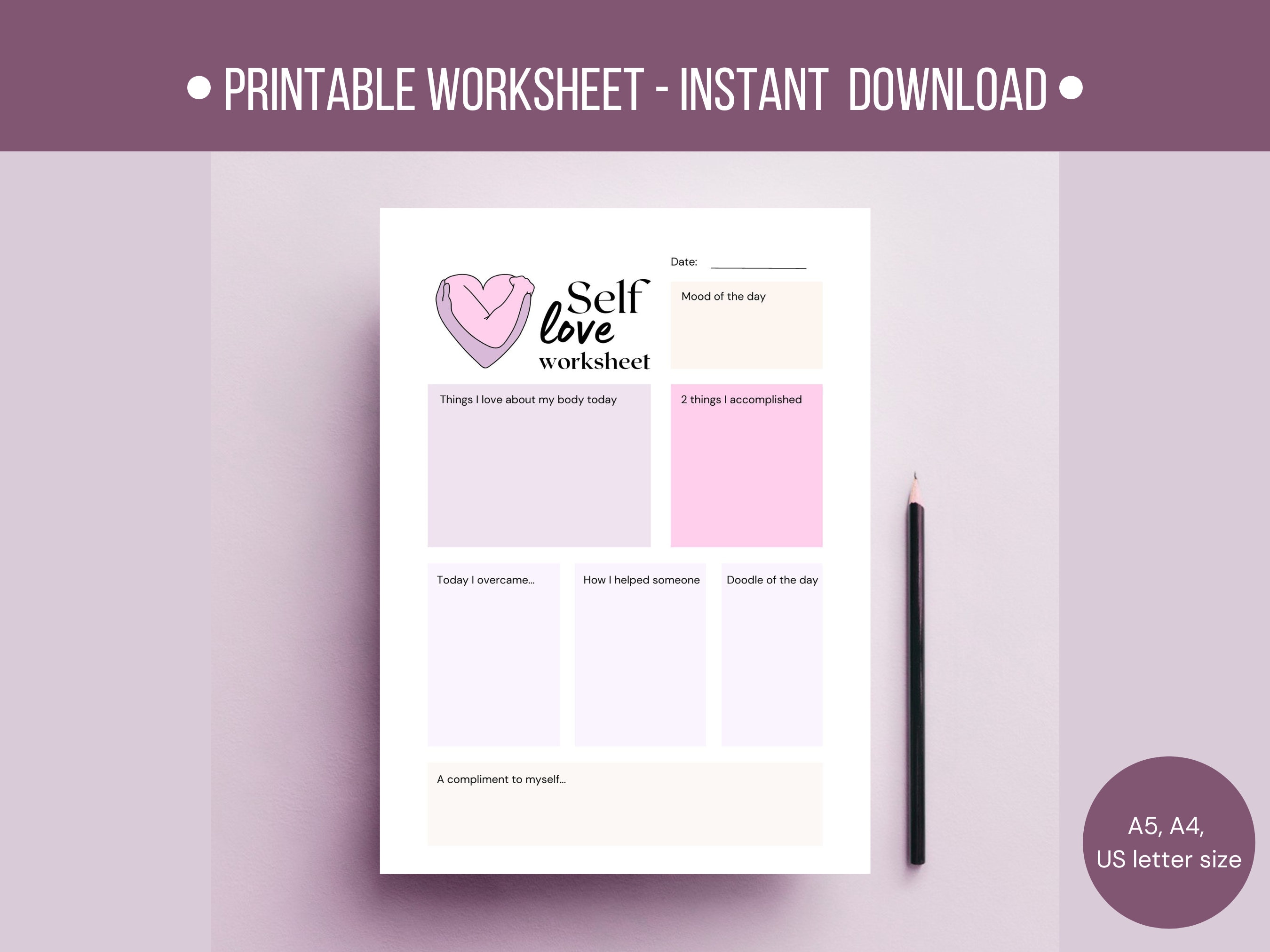 Self Love Worksheet, Daily Self Love Journal, Self Confidence Planner