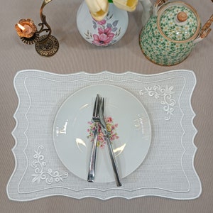 Placemats Set for 6 |  Embroidered White Modern Placemats