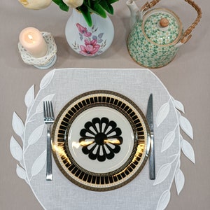 Placemats Set for 6 %100 Linen |  Embroidered White Modern Placemats