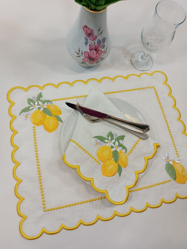 12 Pieces Lemon Embossed Gold Napkins and Embroidered Gold Etsy