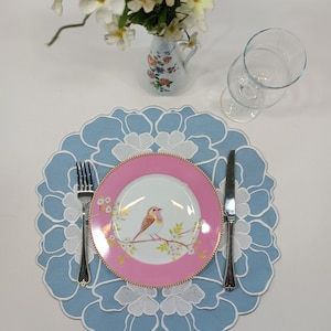 Blue Placemats  Set for 6 |  Embroidered Blue Modern Placemats