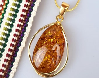 Cognac Baltic Amber Pendant: Gold & Silver, Natural Gemstone Jewelry