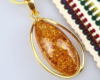 Cognac Baltic Amber Pendant: 925 Silver Gold-Plated Gemstone Jewelry