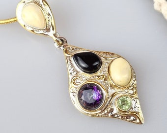 Baltic Amber Pendant: Gold Plated Sterling Silver 925 & Multi Color Gemstone