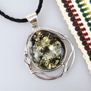 Green Amber Pendant, Natural Baltic Amber, Silver And Amber Jewerly, Elegant Amber Pendant, Gift for Her and Him, Teardrop Amber Pendant