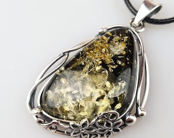 Green Baltic Amber Pendant: Sterling Silver 925 Teardrop Jewelry
